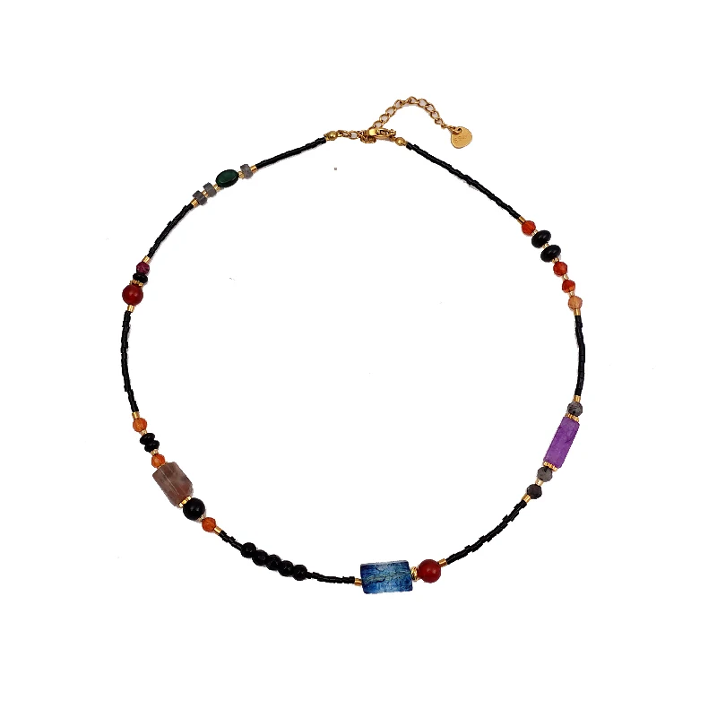 

Blue crystal necklace beaded black agate ethnic style natural stone collarbone chain light luxury new Chinese sweater chain