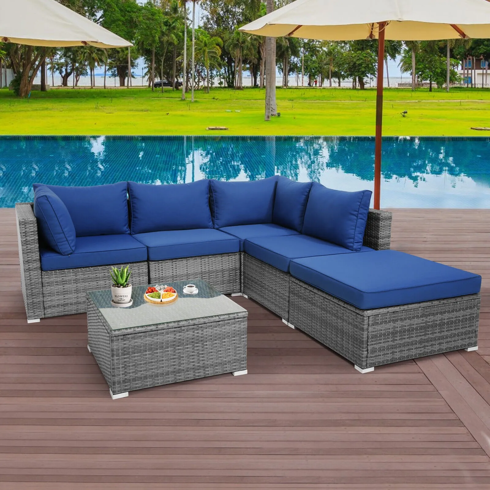 

6PCS Patio Rattan Sectional Sofa Set Conversation Furniture Set w/ Navy Cushions