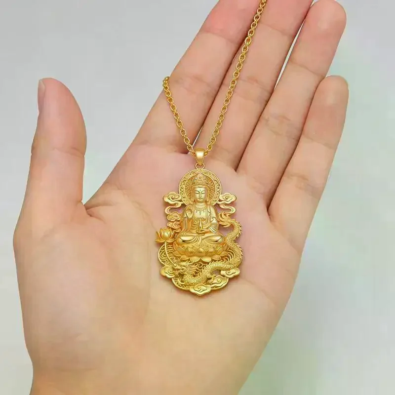 Gold Plated Guanyin Pendant Necklace With Carved Dragon And Lotus Patterns For Daily Wear And Gifting Collection