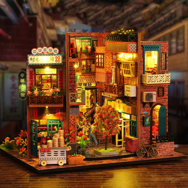 Kit modello in miniatura in legno fai-da-te cinese antico Street View Casa 3D Puzzle Casa delle bambole con luci mobili per regali di amici