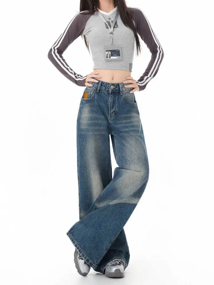 Preto de cintura alta calças de brim femininas vintage em linha reta casual baggy punk hip hop y2k rua americana perna larga calças jeans femininas