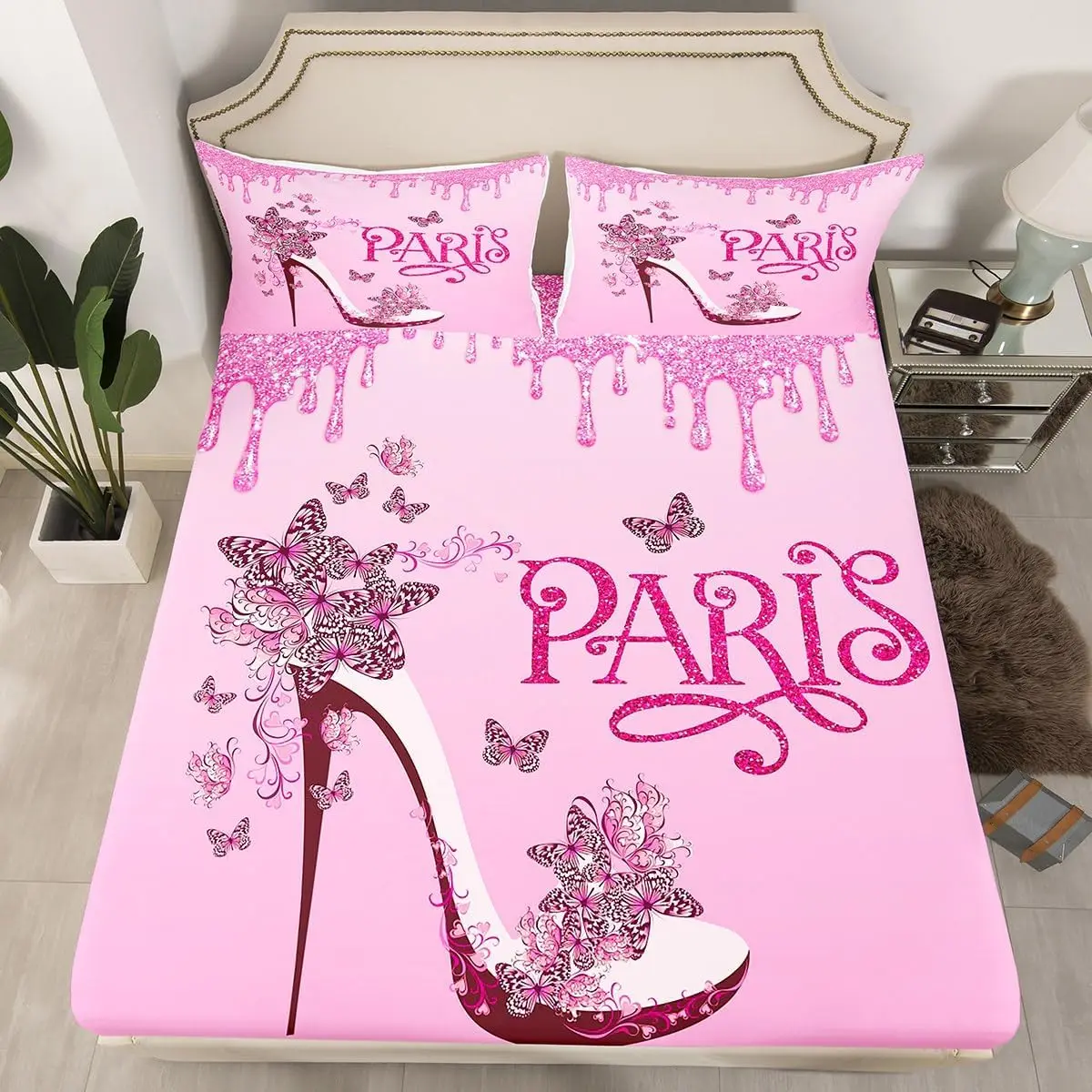 High-Heeled Shoes Fitted Sheet Twin Full Size,Princess Shoes Bed Sheet Set for Kids Girls Room Decor,Soft Polyester Bedding Set