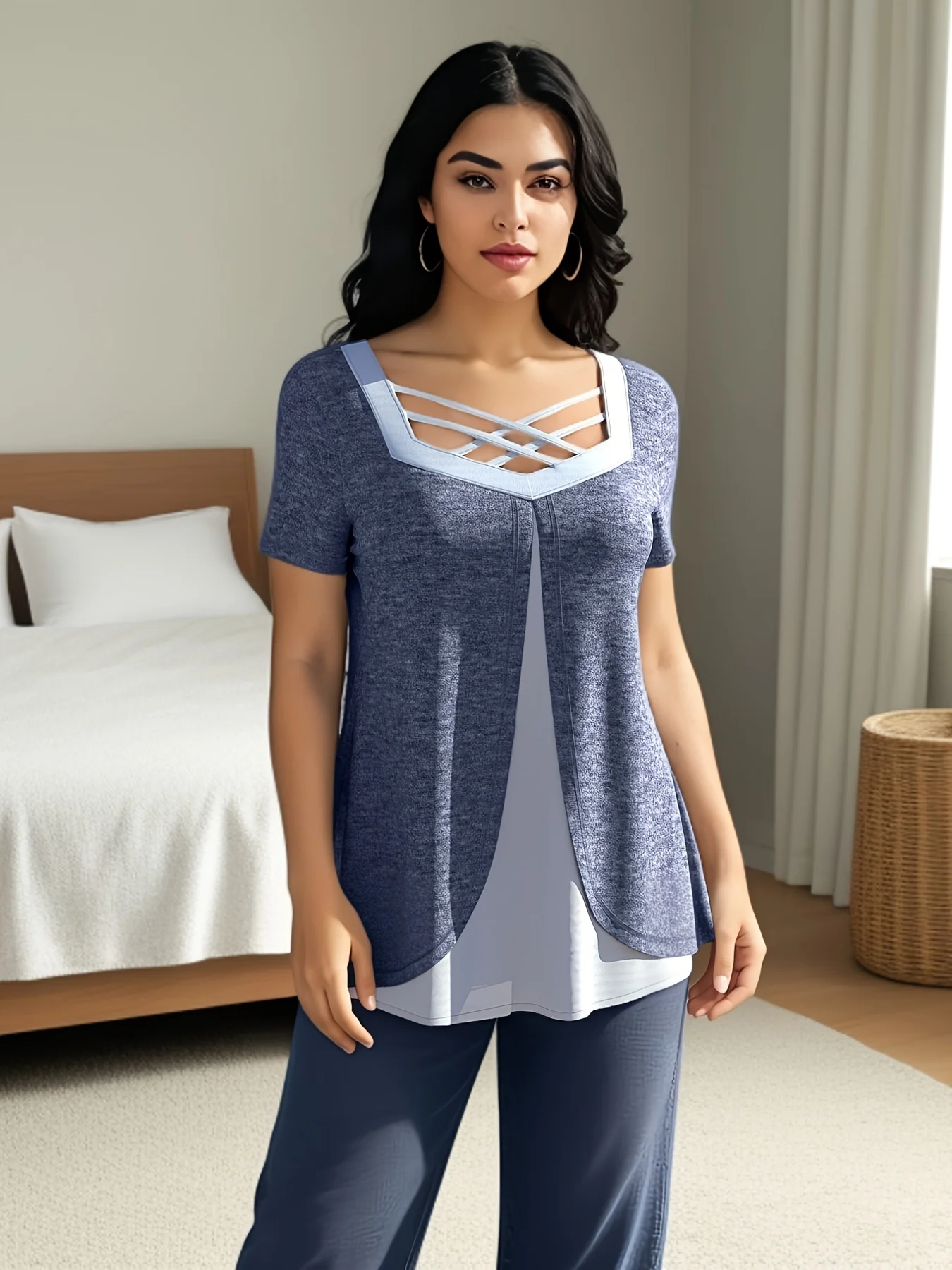 Plus Size Womens Short Sleeve T Shirt Cross Strap Casual Loose Patchwork Vintage Office Lady Tee Top Female Pullover Shirt