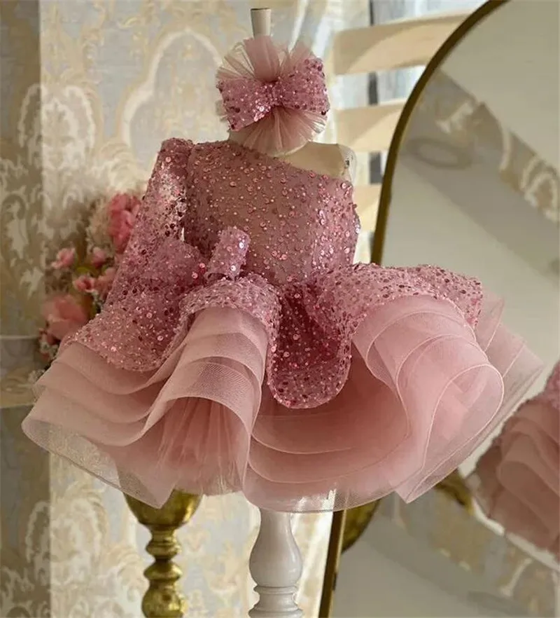 Robe à paillettes à manches longues pour bébés filles, robe moelleuse, tenue de célébrité, blanc, rose, anniversaire, princesse, à la mode, 2024