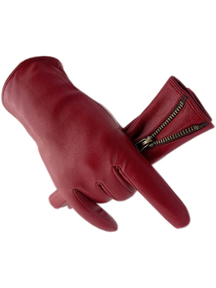 Winter Men's Leather Warm Gloves Red Fashion Wrist New Zipper Sheepskin Cotton Gloves High-end Boys' Leather Gloves Black Lining