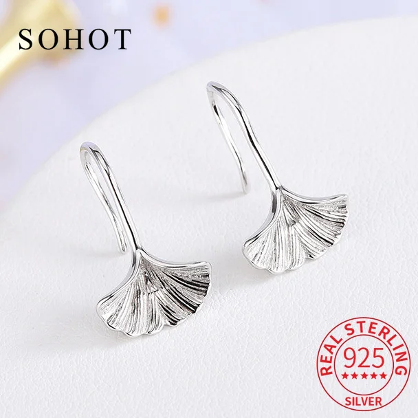 Real 925 Sterling Silver Minimalist Ginkgo Leaf Stud Earrings for Women Party Cute Shiny Fine Jewelry Trendy Plant Accessories