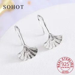 Real 925 Sterling Silver Minimalist Ginkgo Leaf Stud Earrings for Women Party Cute Shiny Fine Jewelry Trendy Plant Accessories