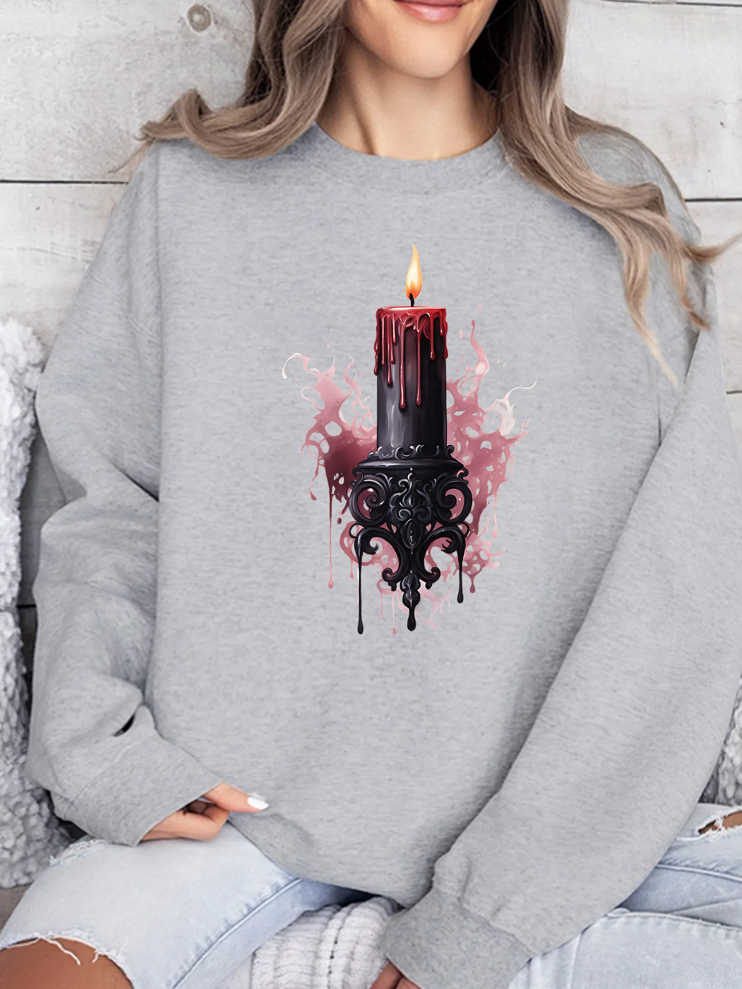 

Melted Candle Women's Graphic Crewneck Sweatshirt Casual Long Sleeve Pullover Loose Fit Streetwear for Fall Winter Daily Wear