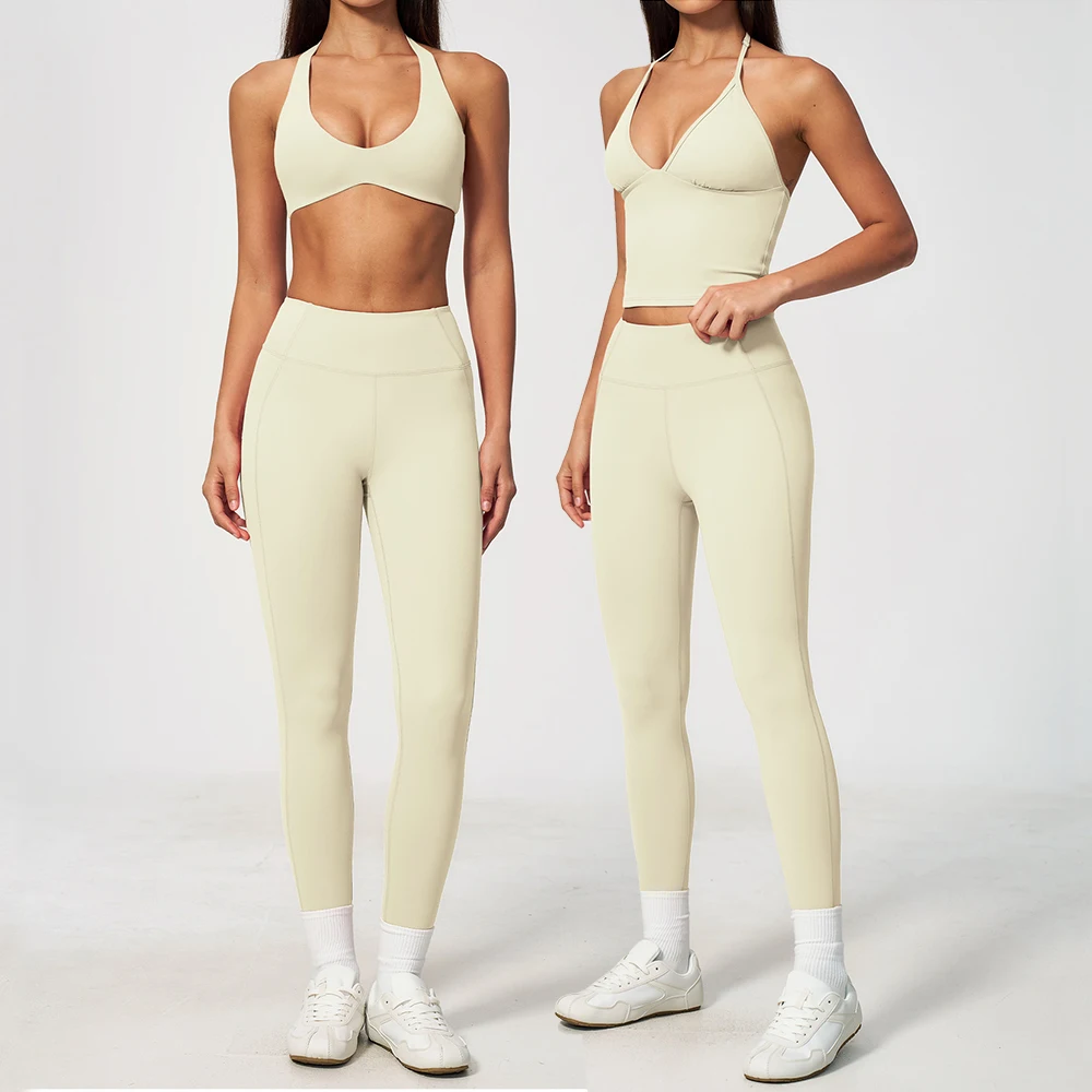Women 2PCS Yoga Set 3/4 Sleeves Halter Neck Crop Top High Waist Leggings Push Up Gym Clothing Workout Running Fitness Activewear