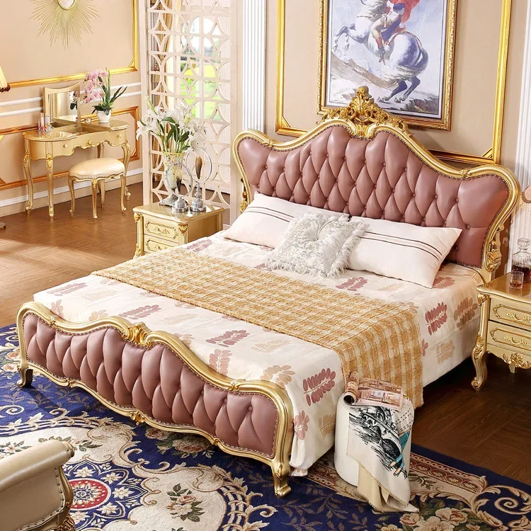 European leather bed 1.8 meters large bed, all solid wood carving double master bedroom luxury wedding bed