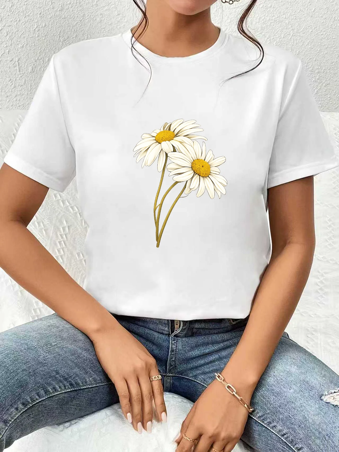 

【WDS0347】Женская футболка больших размеров с цветочным принтом, летняя, повседневная, с коротким рукавом, круглым вырезом, в уличном стиле, универсальная