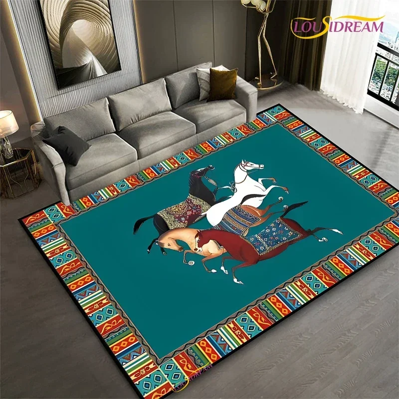 JY01Fashion Ethnic Frame Carpet Horse Home Decor Rectangle Room Rug Black Green Orange Living Room Bedroom Bedside Floor Table@1
