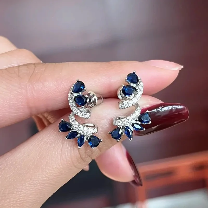 Shining Blue Zircon Flower Earrings for Women's Temperament, Banquet Jewelry, Anniversary Gift