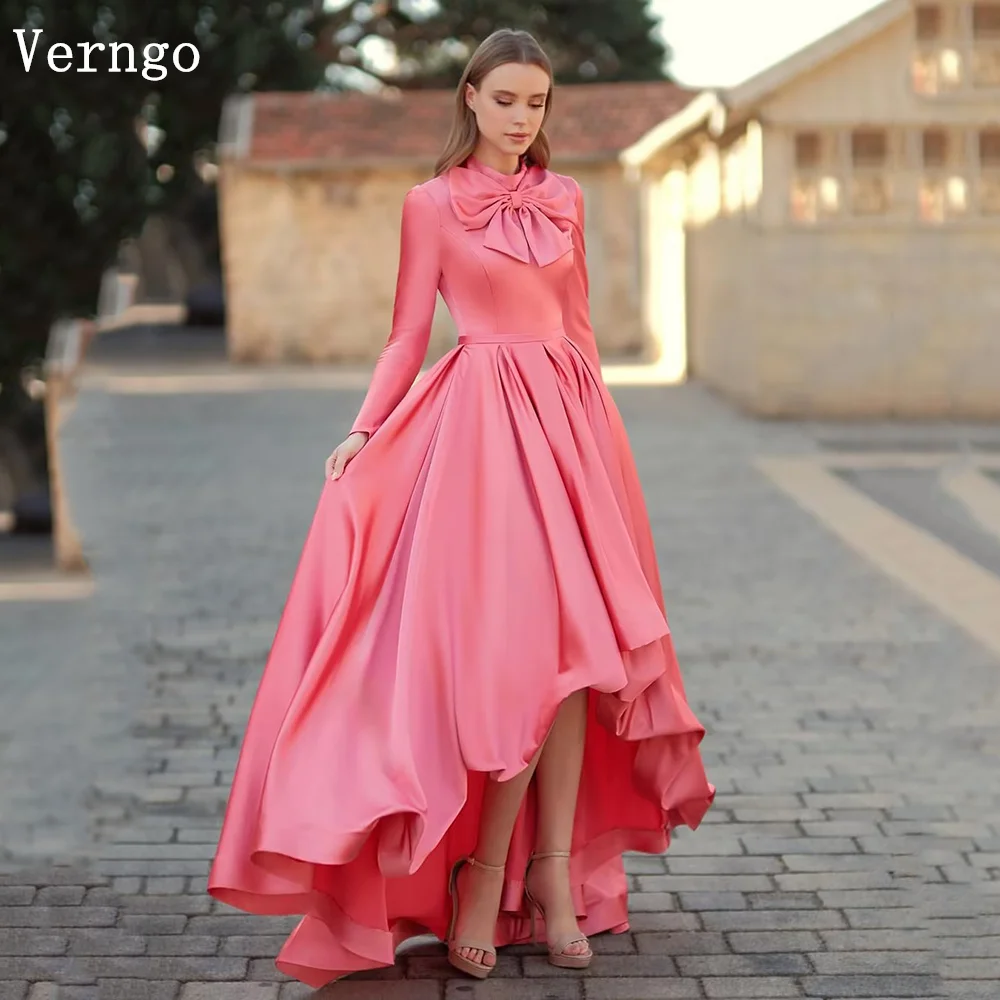 

Verngo Pink Taffeta Prom Dress High Neck Full Sleeves A Line Formal Occasion Dress Women Elegant Party Gown Outfit Customized