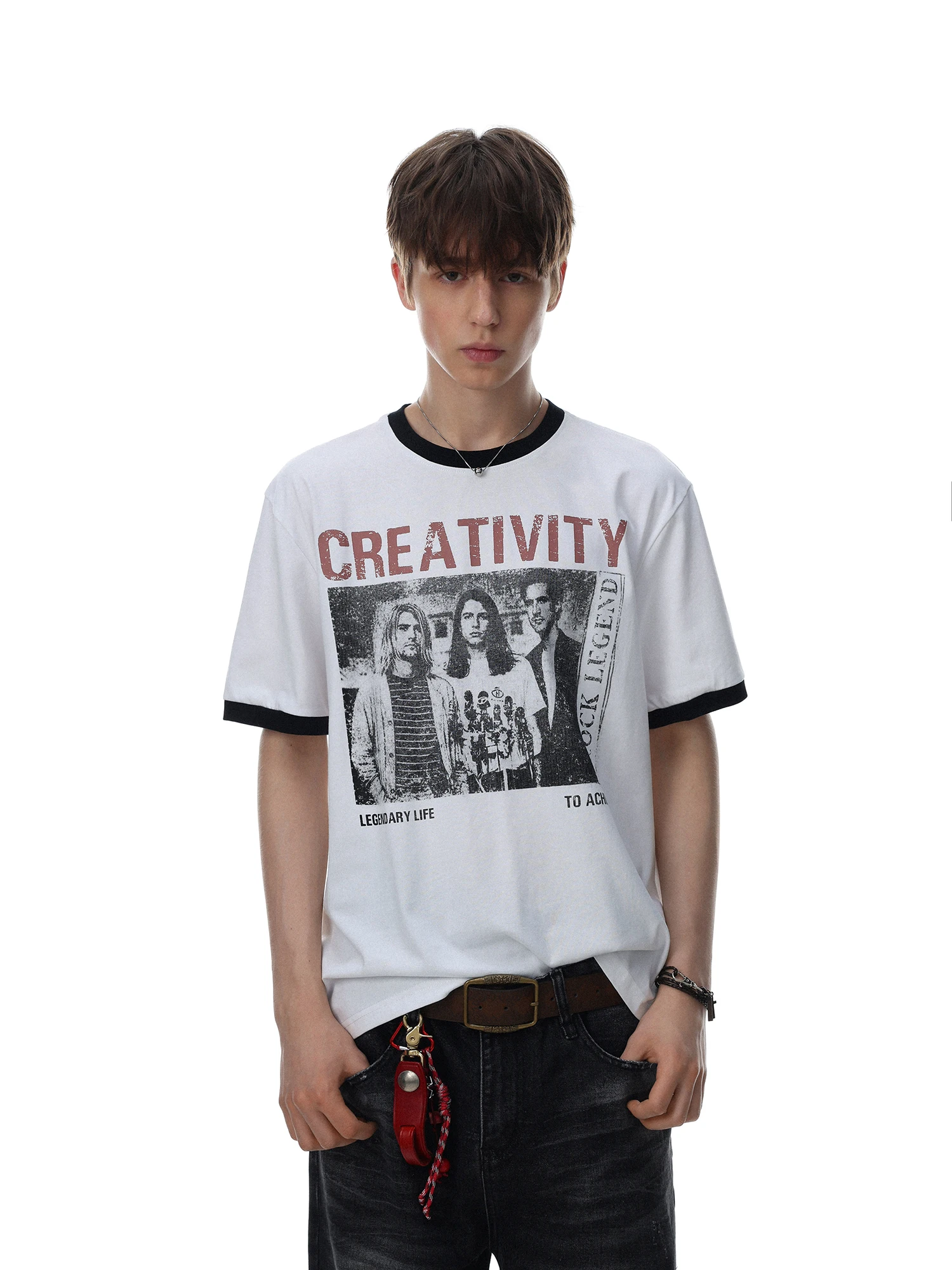 American Retro Streetwear Printed Loose Men's T-shirt Short Sleeve Shoulder-Drift Style Comfortable Breathable Cotton Top