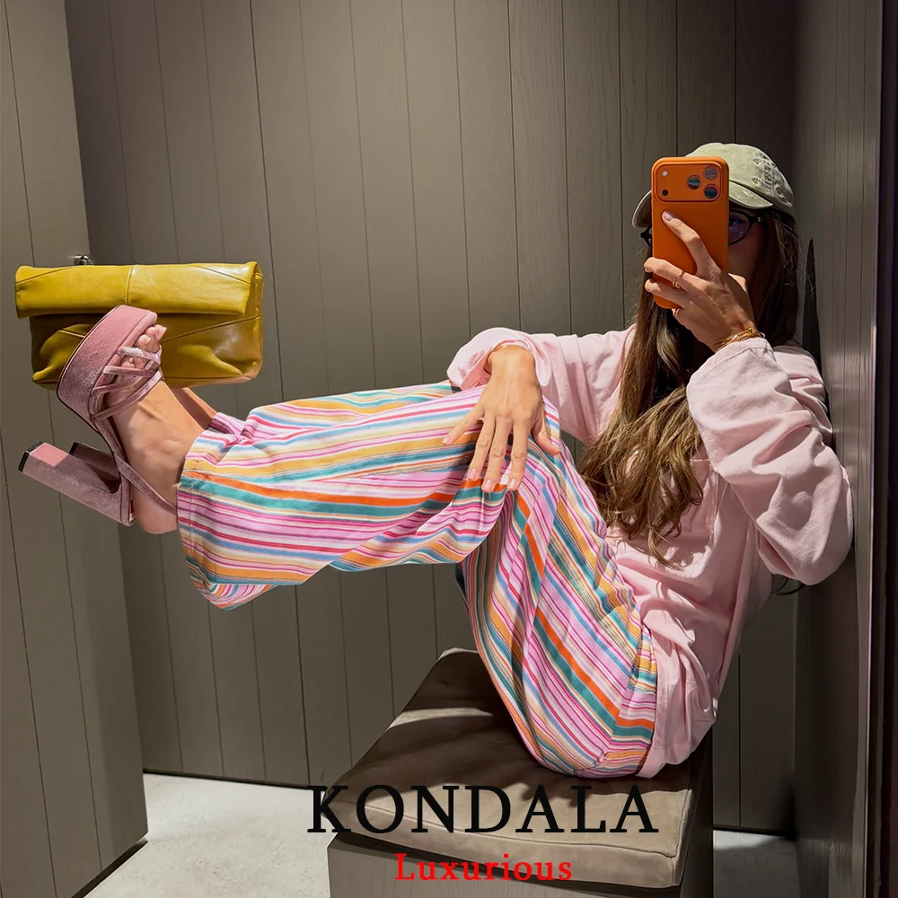 KONDALA Streetwear Damen Regenbogen-Streifen-Hose Damen Weite Bein-Hose mit Taschen Denim Damen Hose Mode 2026 Herbst Y2K Mädchen Partyhose – Detail 10