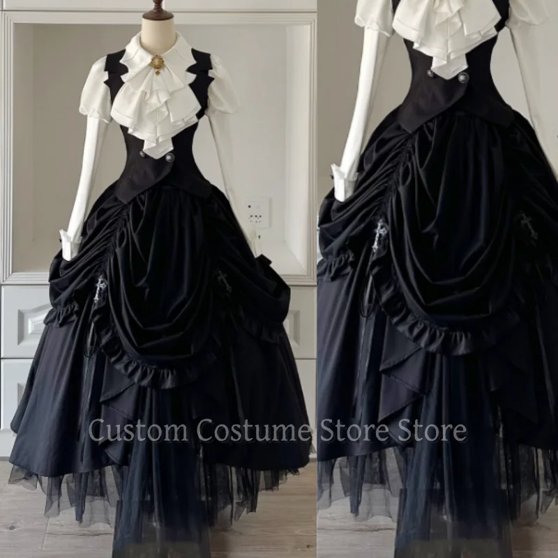 Customized Edwardian Black White Ball Gown High-Neck Long-Sleeved Lolita Medieval A-Line Pleated Costume Evening Dress 2026