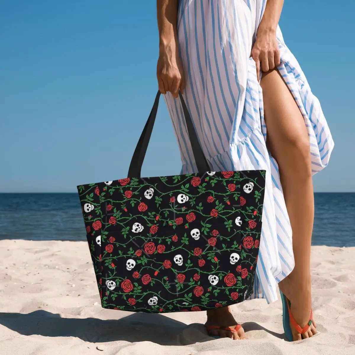 Bolsa de viagem praia para adultos, esqueleto, rosas, Halloween, crânio gótico, sacola, na moda, bolsa de ombro, padrão multiestilo