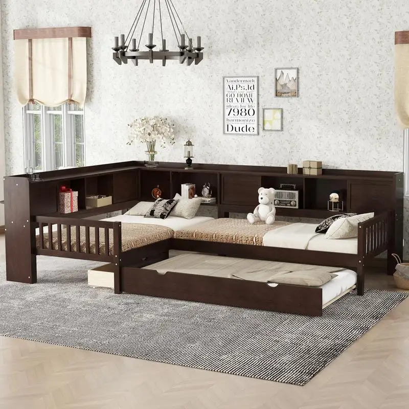 

Twin L-Shaped Platform Bed with Trundle, Solid Wood Frame, Storage Drawers & Shelves, No Box Spring Needed, Espresso Finish