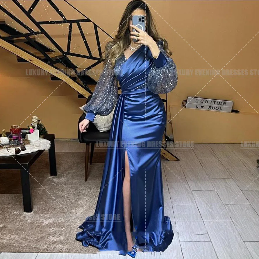 

Vintage Elegant Evening Dresses Mermaid Woman's Sexy Sequined Long Sleeve Side Slit Satin Formal Party Prom Gowns Vestidos Arab