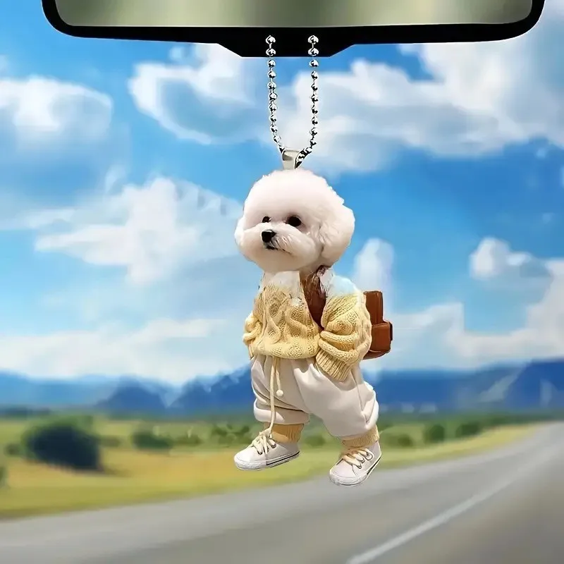 New 2D Creative Puppy People Acrylic Car Pendant Cute Funny Teddy Dog Auto Rearview Mirror Pendants Car Decoration Accessories