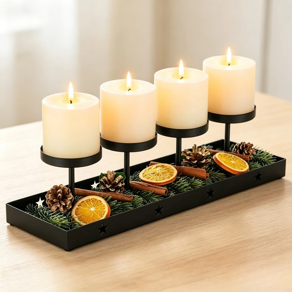 Star Cutout Metal Candle Holder 4 Pillar Candlestick Long Base Tray Tabletop Centerpiece for Festival Home Interior Decor