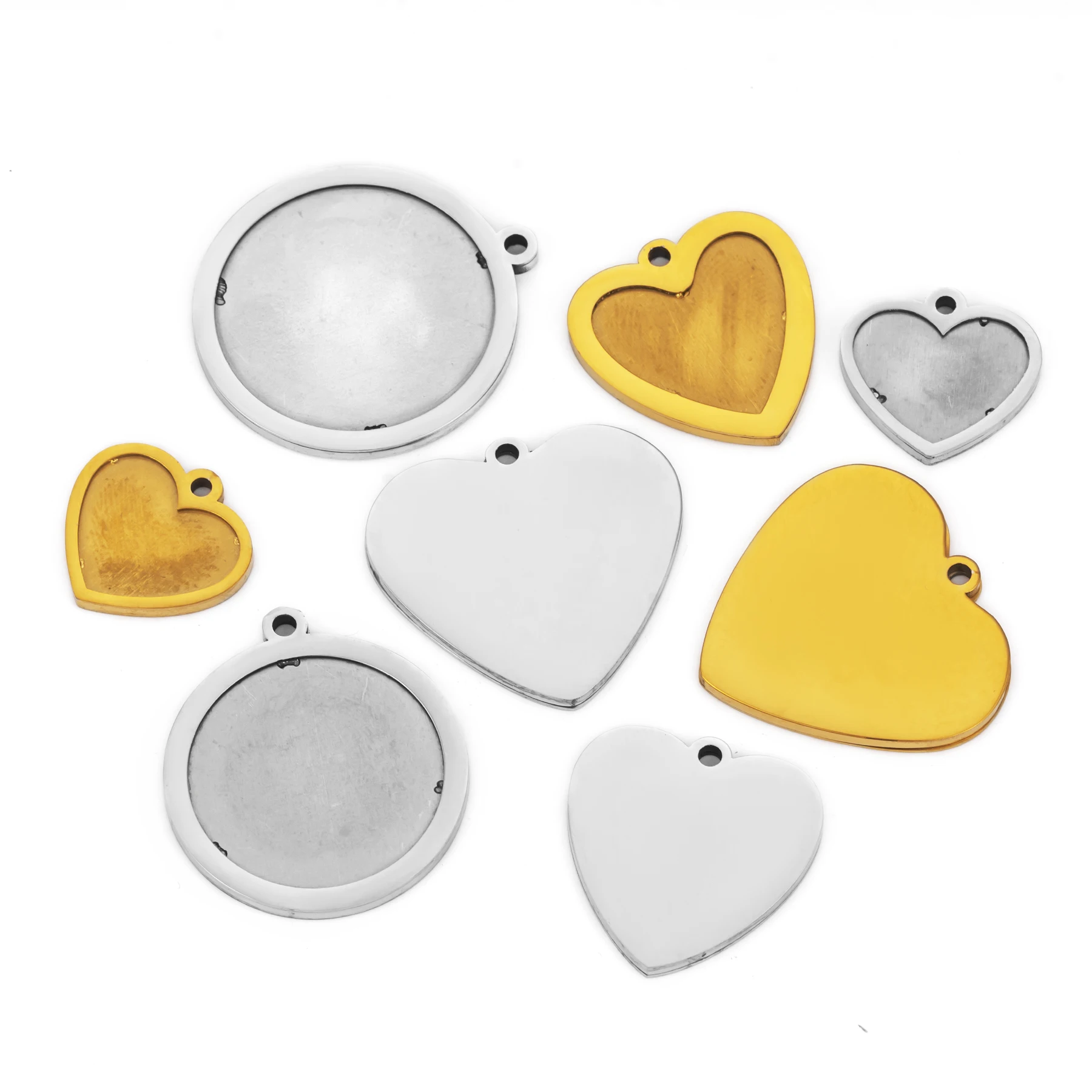 4 Stück/Set Edelstahl Polierte Fotorahmen-Anhänger-Rohlinge Herz Runde Cabochon-Anhänger für DIY-Schmuck – Detail 3