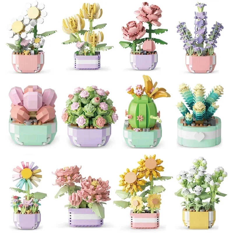 Bloem Vetplanten Bouwstenen Eeuwige Bloem Bonsai Boom Tuinen Romantische Bakstenen DIY Potplanten Model Kids Kits Speelgoed