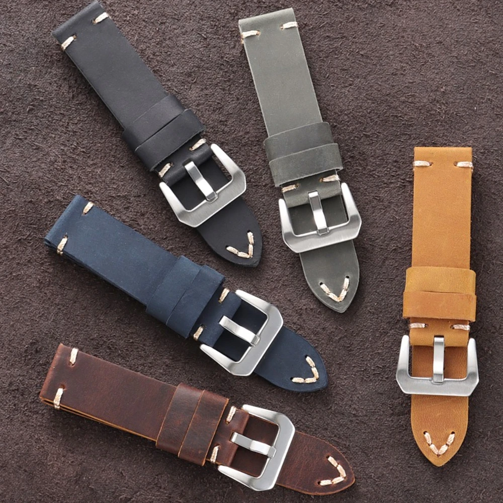 Vintage Oil Wax Leather Watch Band 18mm 20mm 22mm 24mm 26mm Handmade Stitching Cowhide Strap for Omega for Seiko Wristband