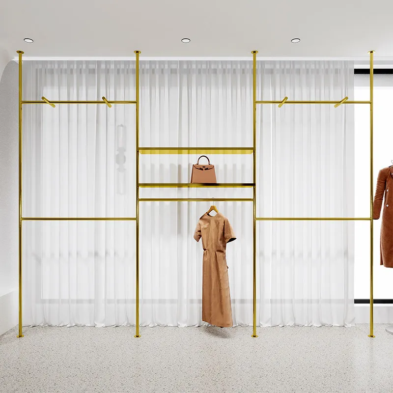 

Clothing store display rack, upper wall of column, stainless steel titanium hanging clothes rack, women's clothing store display