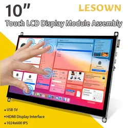 LESOWN 10 inch Monitor HDMI Small LCD Smooth Responsive Touchscreen IPS 1024x600 10.1 inch Display with Dual Speakers Drive Free