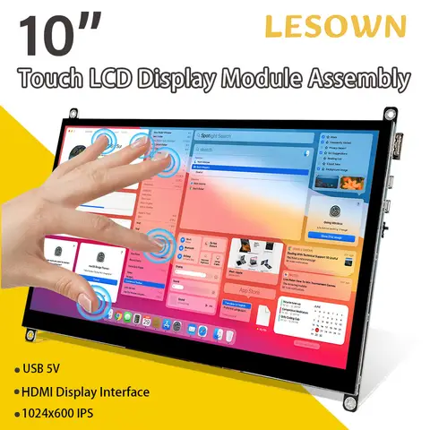 LESOWN 10 inch Monitor HDMI Small LCD Smooth Responsive Touchscreen IPS 1024x600 10.1 inch Display with Dual Speakers Drive Free