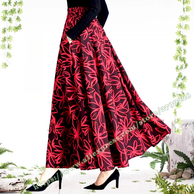 Elegant plus Size Red flowers Maxi Skirts for Women XXXXL 4XL 5XL 6XL Long Fashion Skirts 2025 Women's Clothing