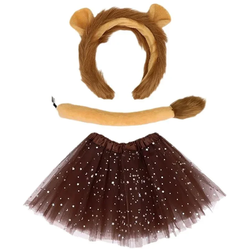 Kostium na Halloween Zwierzę Lew Tiulowa Spódniczka Uszy Opaska na Głowę Ogon Przebranie Zestaw Kostiumowy dla Młodzieży Dzieci Dorosłych Cosplay Boże Narodzenie