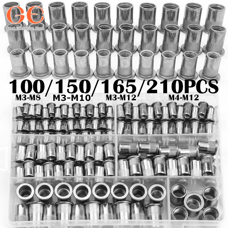 

100/150/165/210pcs M3-M12 aluminum Multi Flat Head Metric Thread Blind Rivet Nut Insert Rivnut Nutsert Screw