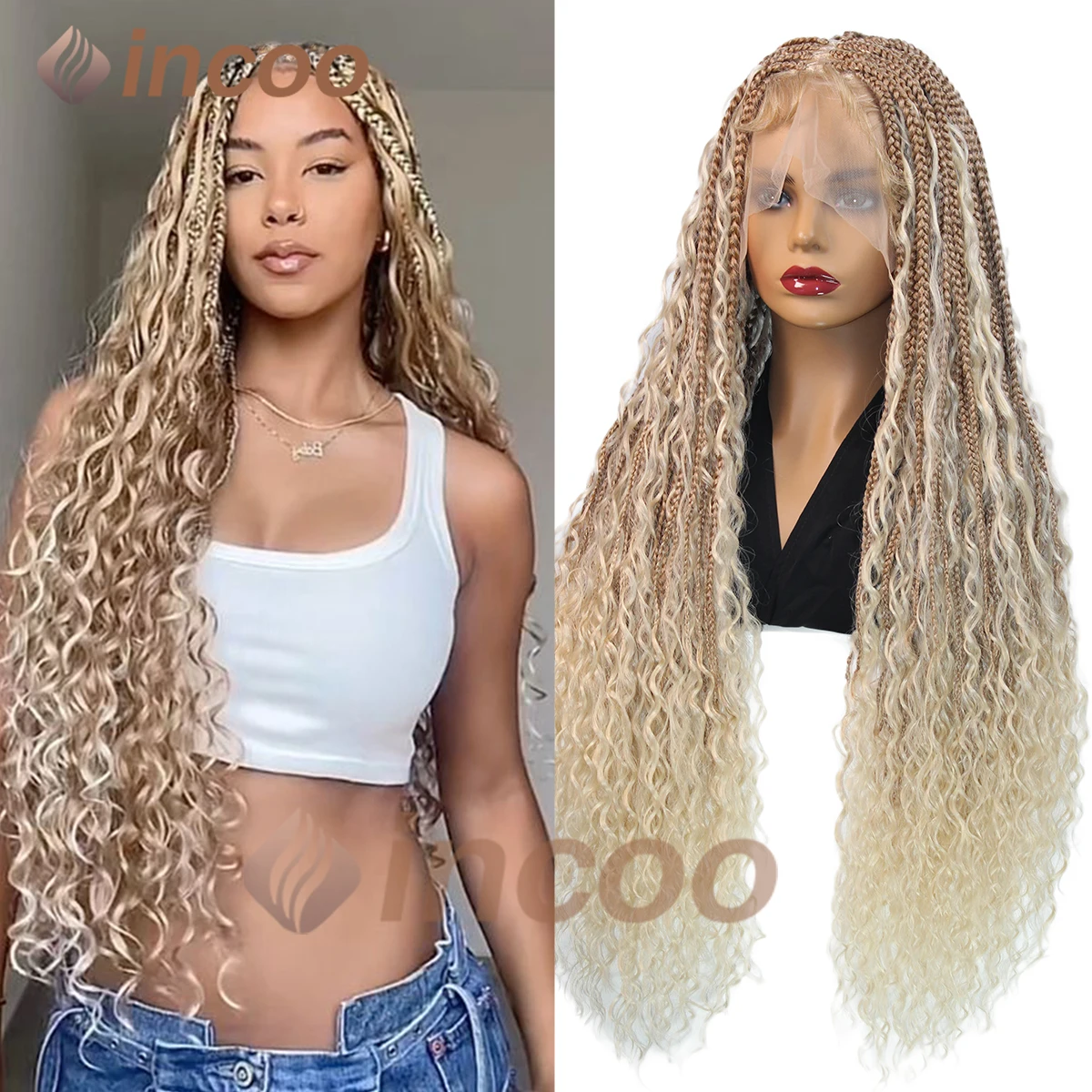 

32'' Synthetic Full Lace Bohemian Braided Wig Box Braids Goddess Wig With Curly Hair Ombre Blonde Gradation Cornrow Braided Wig