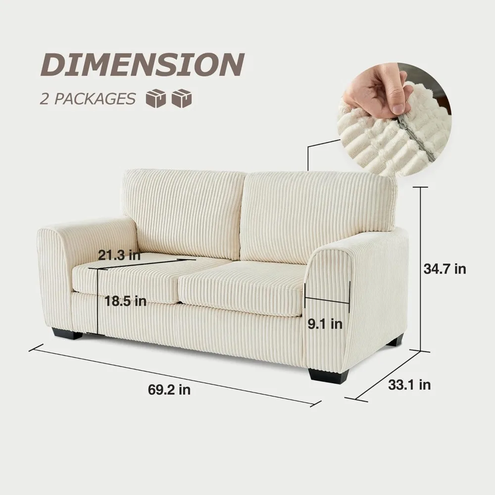 Beige Corduroy Double Sofa, Ultra Deep Seats, Modern Double Sofa, Wide Armrests, Beige, 70 Inch