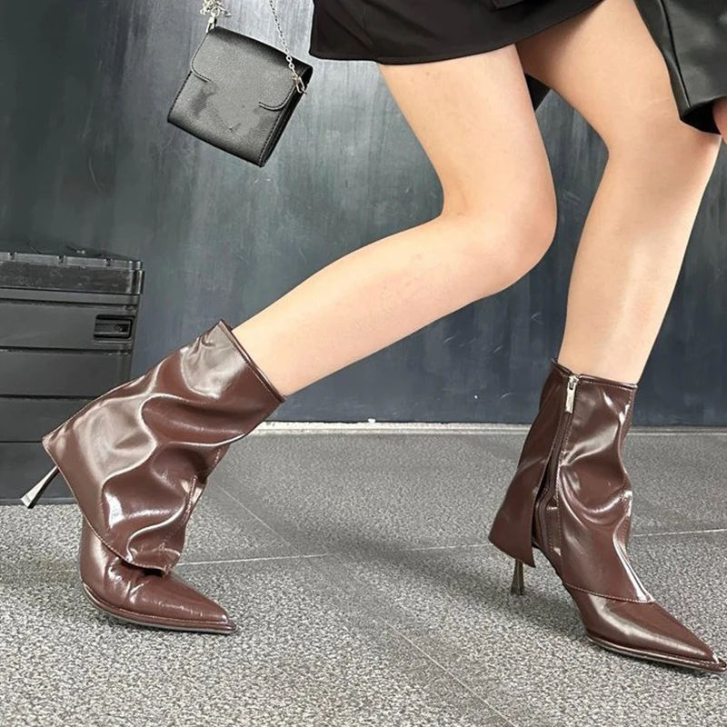 

Сексуальные женские ботинки на высоком каблуке, туфли на шпильке с острым носком, зимние сапоги до середины икры, элегантные женские ботинки Botas 2025 Trend Punk Botas Female