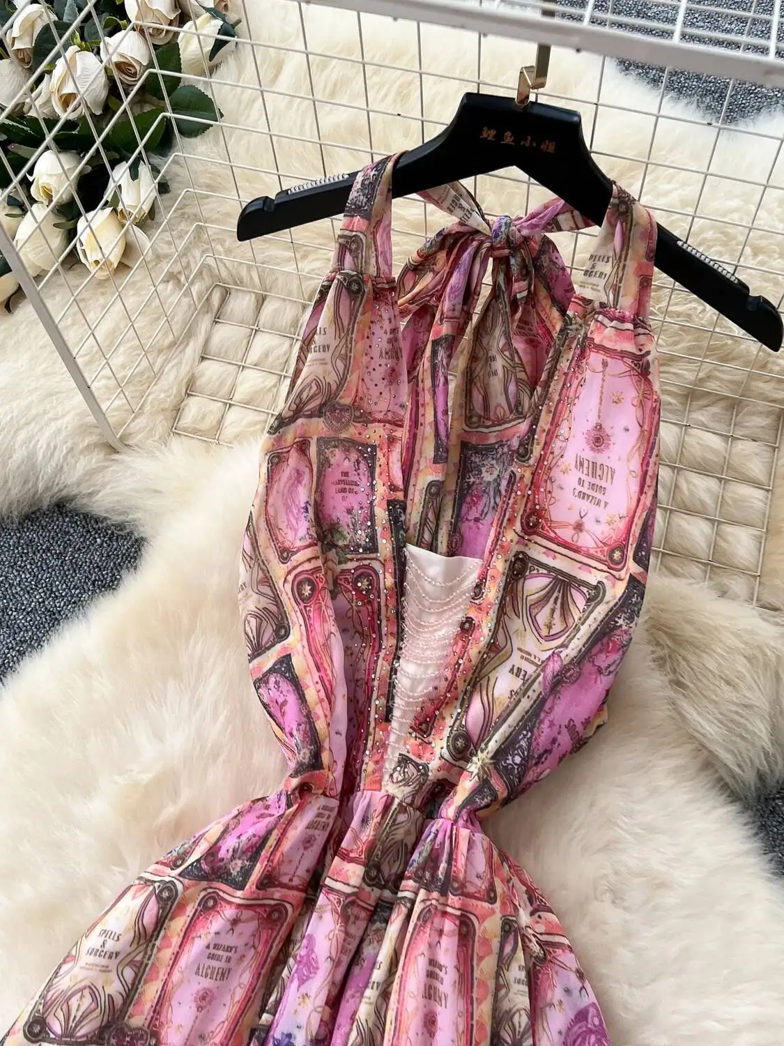 Women Sexy Hanging Neck Beach Dress Summer High Waist Ruffle Printed Long Dresses Ladies Vintage Chiffon Boho Long Robe Vestidos