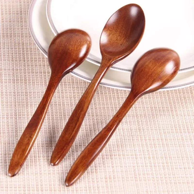 5/1Pcs Japanese Wooden Spoon Long Handle Soup Spoons Round Teaspoon for Coffee Honey Stirring Drinking Porridge Scoops Tableware