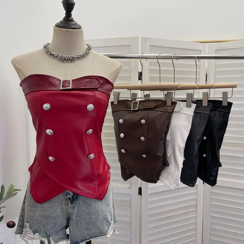 Pu Belt Chest Pad Tube Top Vest Women's Diamond Buckle Tube Top Double Breasted Decorative Cross Split Y2k Top