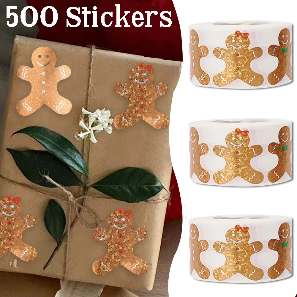 

Christmas Glittery Golden Gingerbread Stickers Roll for Party Decorations Envelopes Gift Wrapping Cards Stickers 500pcs 1Roll