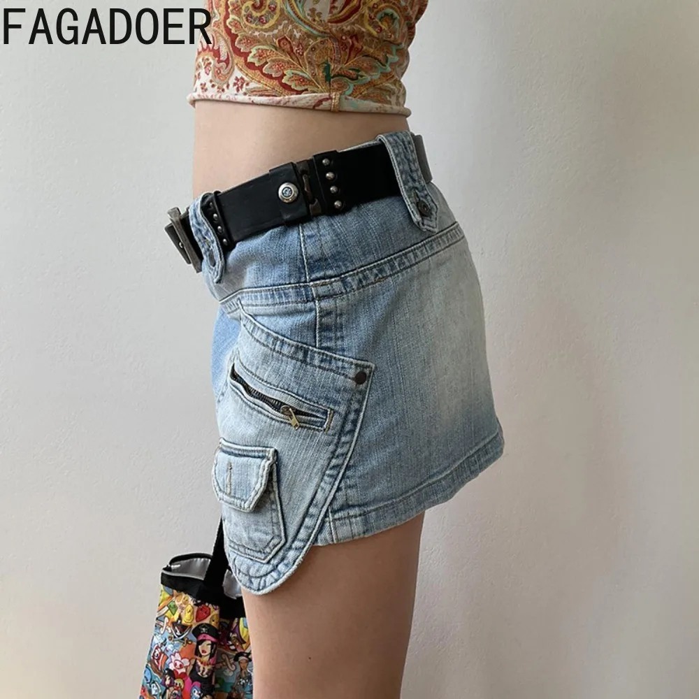 FAGADOER Fashion Retro Irregular Gradient Mini Denim Skirts Women Low-waisted Zipper Pocket Skirt Female Y2K Cowboy Bottoms 2024