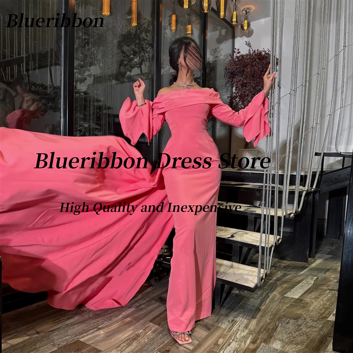 Blueribbon Elegant Long Sleeves Evening Dresses Boat Neck Customized Special Occasion Dress Flutter Train Vestidos Prom Gowns