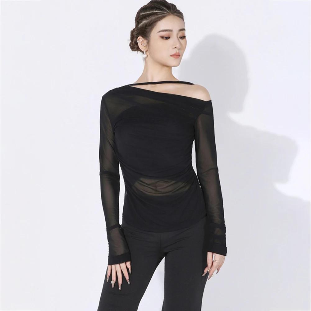 Top da ballo linea traslucida Palla da ballo nera Manica lunga Samba sexy Spalla obliqua Top trasparente per danza latina