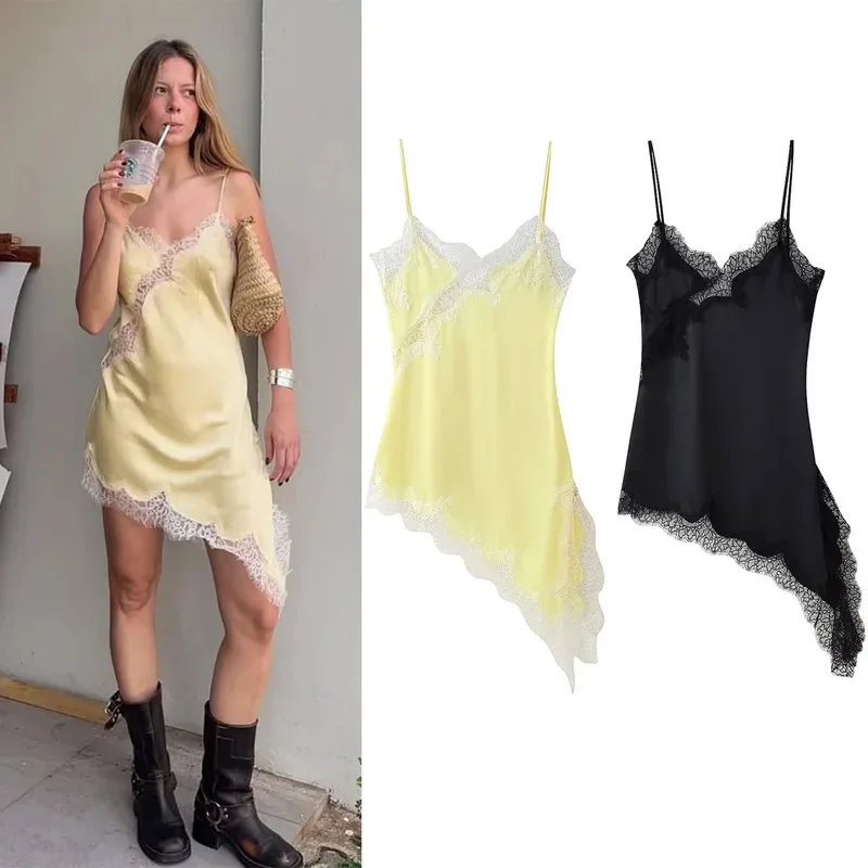 Bonny 2025 nouvelles femmes robe mode col en v sans manches dos nu dentelle robes asymétriques Sexy mince femme plage vacances