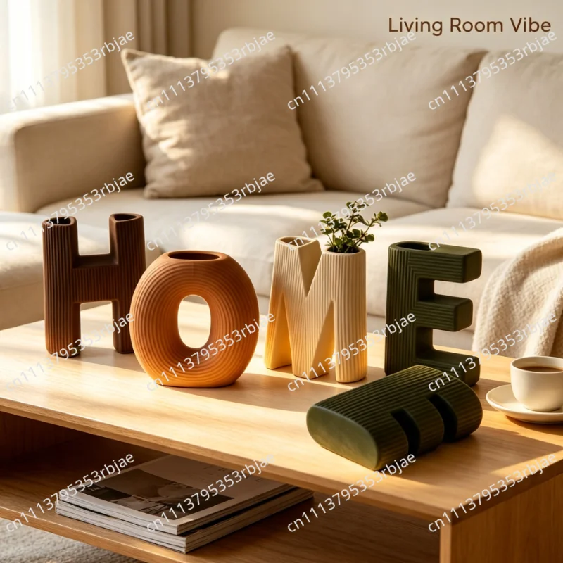 Creative HOME Letter Ceramic Vase Set, Modern Striped Flower Pot for Living Room & Table Decor, Nordic Style Home Ornament