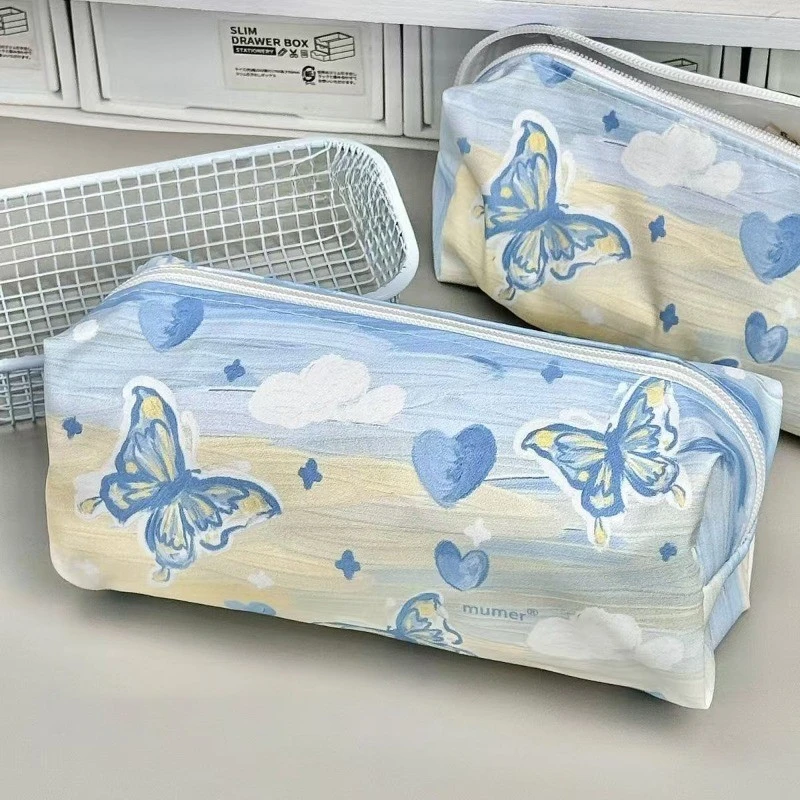 Cute Butterfly Pencil Case Creative Oil Painting Pattern Simple Pencil Bag Large Capacity Multifunctional Stationery Storage Bag