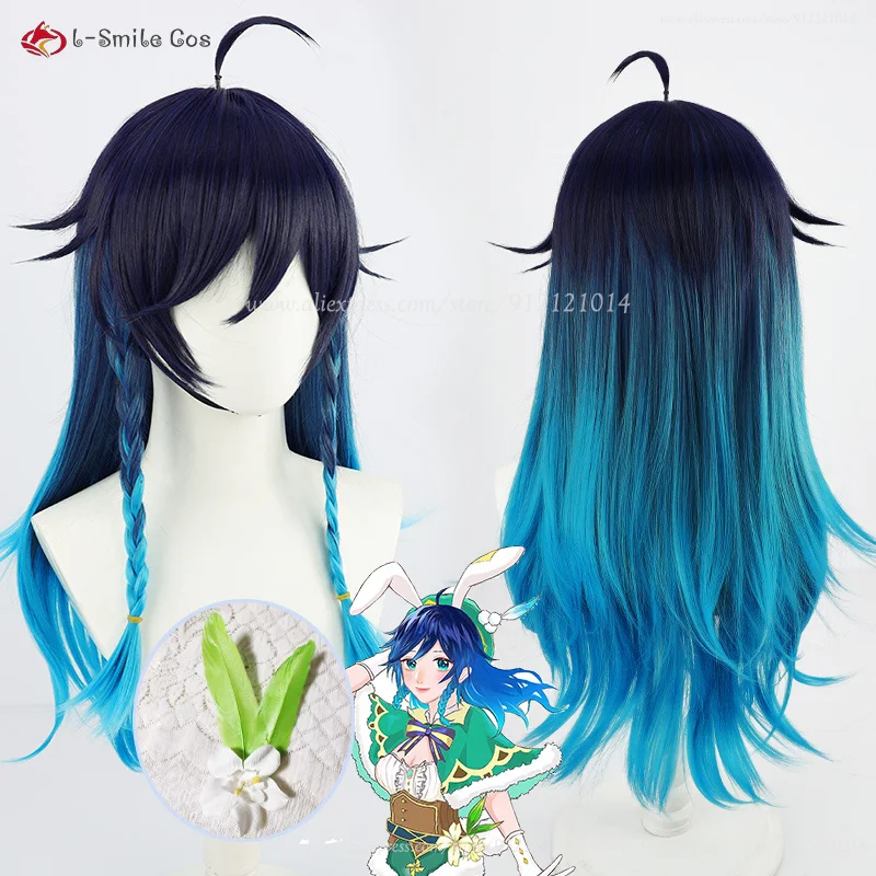 Anime Venti Cosplay Perruque pour Femme, Cheveux Synthétiques, Cheveux Longs Barbatos, Bonnet, Degré de Chaleur, Halloween, 65cm