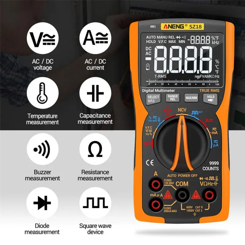 SZ18 Transistor Capacitor NCV Detector Meter Digital Multimeter 9999 Professional True RMS /DC Analog Tester